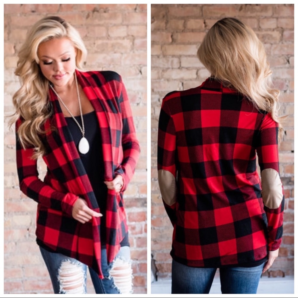 “THE JENNY” BUFFALO PLAID PATCH ELBOW CARDIGAN - Picture 2 of 3